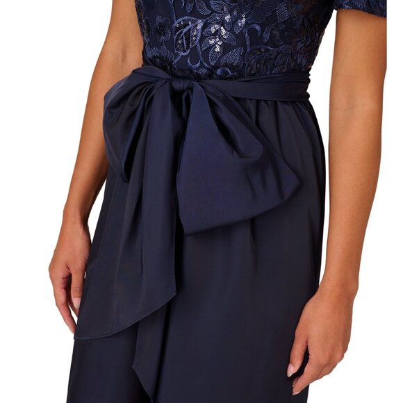 Navy Off-Shoulder High-Low Formal Dress With Sequined Lace Bodice & Bow Tie Wais - Picture 2 of 7
